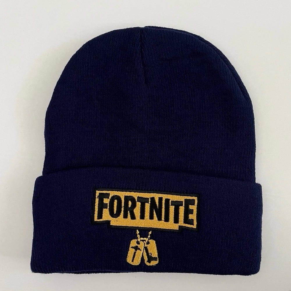 Kids Navy Knit Beanie with Gold Logo